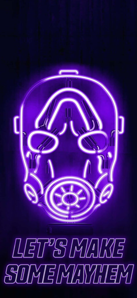 Borderlands 3 Neon Purple Wallpaper with Skull Symbol and 'LET'S MAKE SOME MAYHEM' Phrase