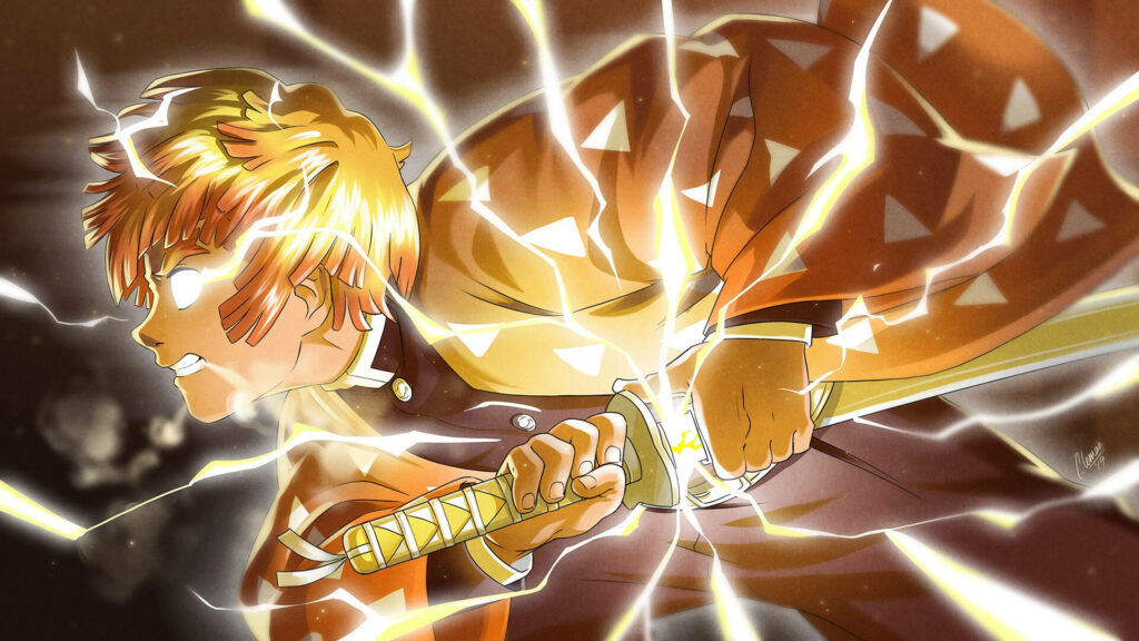 Enlightened Thunder: Zenitsu Agatsuma's Electrifying Demon Slayer Journey Wallpaper