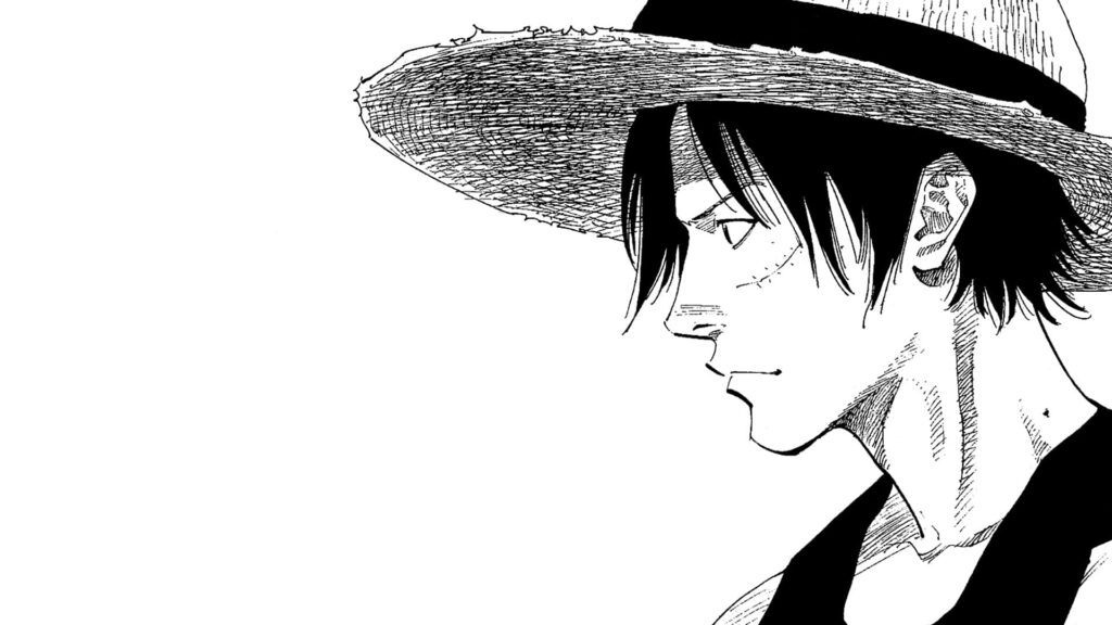 Straw Hat Swagger: Luffy Strikes a Pose in Black and White Wallpaper