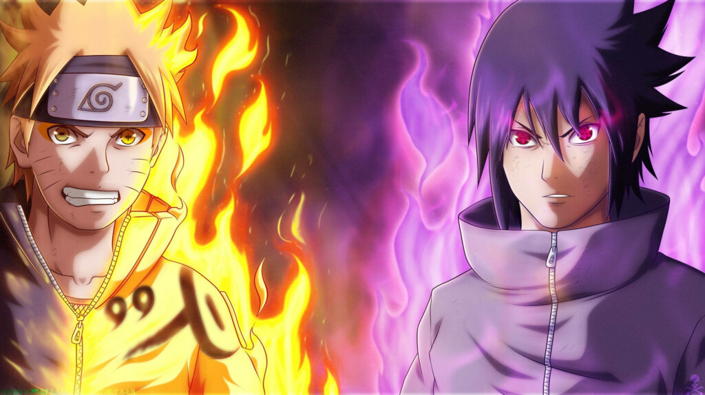 Naruto Uzumaki and Sasuke Uchiha anime wallpaper with vibrant orange and violet chakra auras