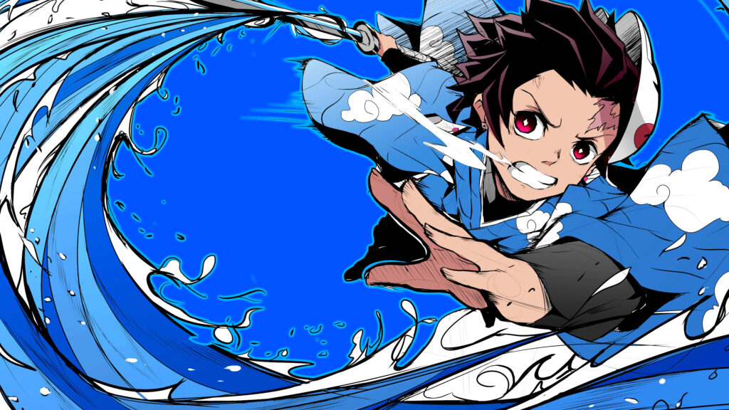 Blue-Hued Battleground: Tanjiro Kamado Unsheathes His Blade in Mesmerizing Anime Art - Demon Slayer iPad Background Wallpaper