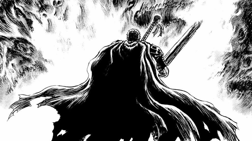 Dark Heroic Resolve: Guts from Berserk Grasping the Sword in Monochrome Wallpaper