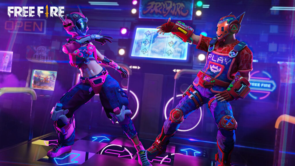 Gaming Duos Embracing the Beat: Free Fire Characters Show off their Dancing Skills in an Arcade Rhythm Game - Vibrant 4k Background Wallpaper