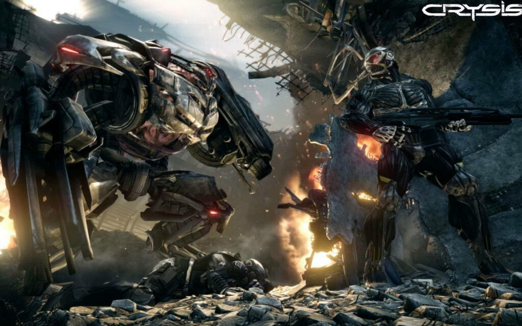 Alien Ceph Lurks, Prophet Takes Refuge Amidst Inferno in Devastated Crysis 3 Battlefield Wallpaper