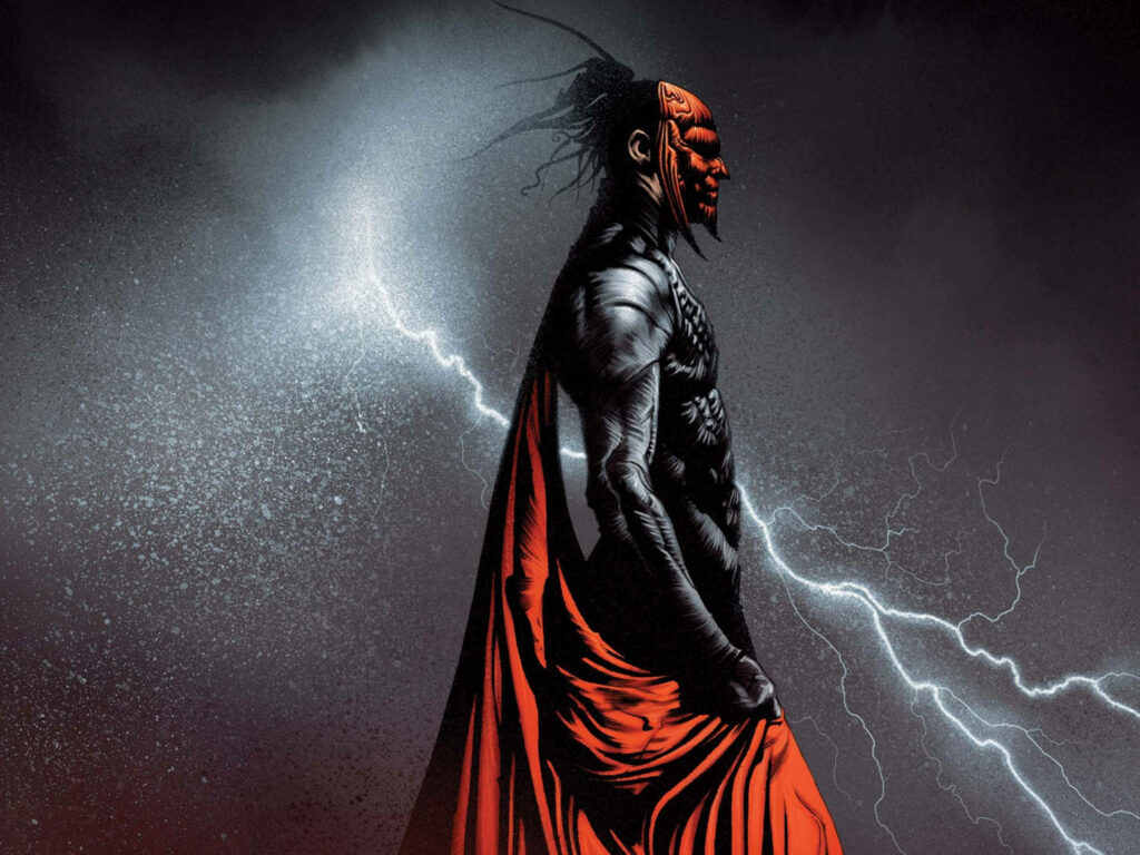 Infernal Style: Lightning Strikes Surrounding a Masked Cool Devil Wallpaper