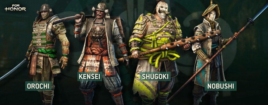 For Honor warriors: Orochi, Kensei, Shugoki, Nobushi in intense battle scene. Wallpaper