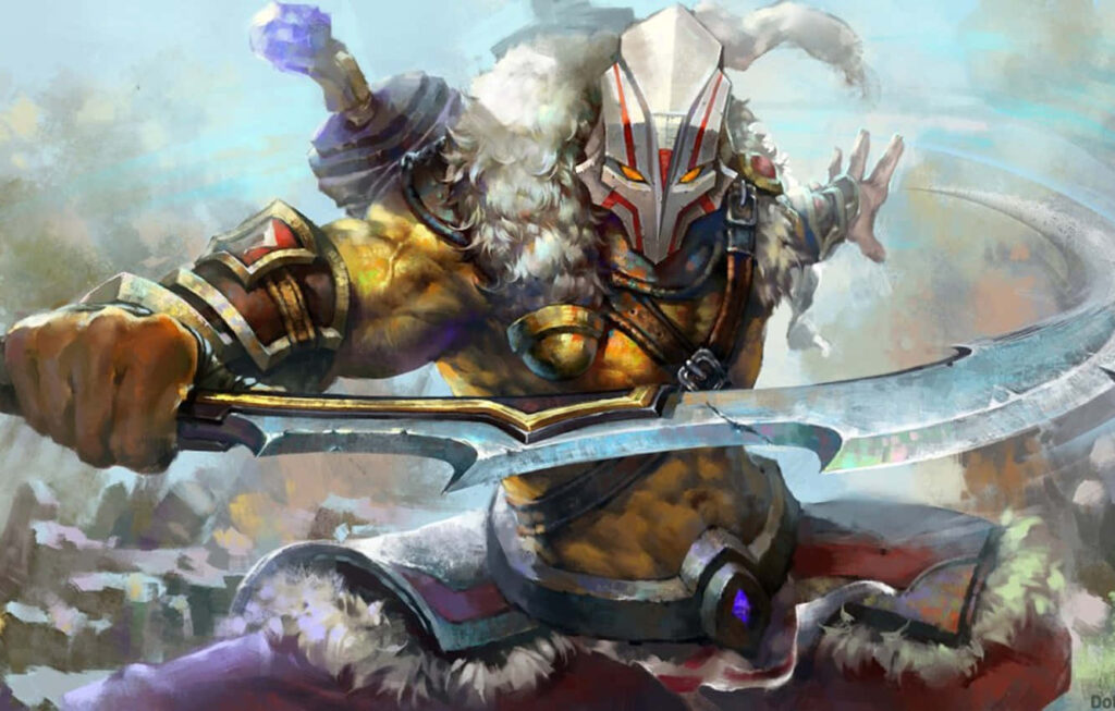 Dota 2's Juggernaut Engages in Vigorous Sword Training Amidst Striking Background Setting Wallpaper
