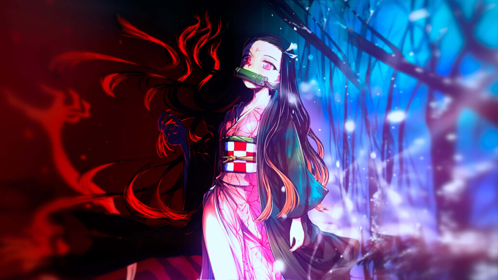 Crimson Resilience: Nezuko Kamado Radiates Coolness in Elegant Yukata Wallpaper