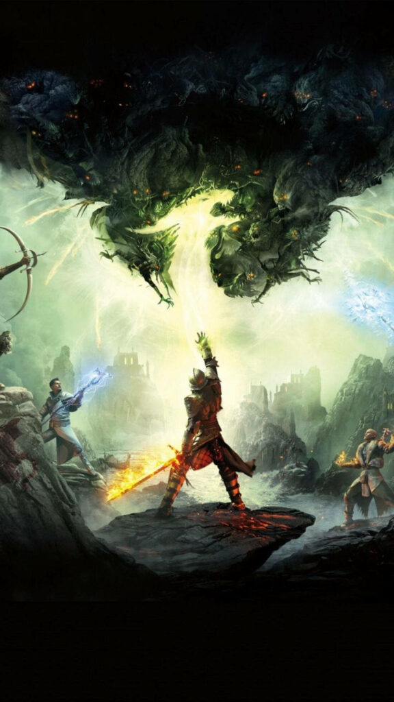 Epic Dragon Age: Inquisition Wallpaper - Heroes Stand Defiant against Serpentine Dragons in Dramatic Landscape