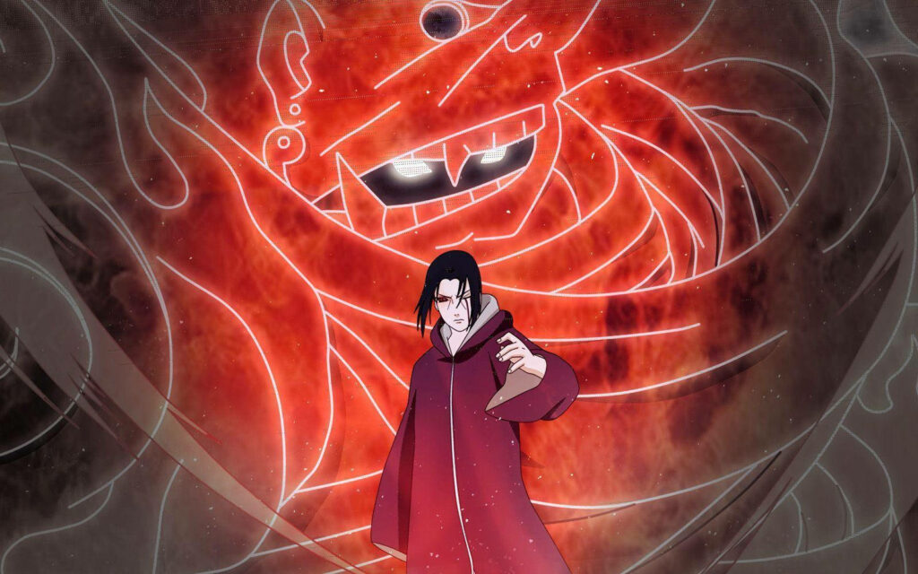 Itachi's Menacing Sharingan Transcends from the Shadows Wallpaper