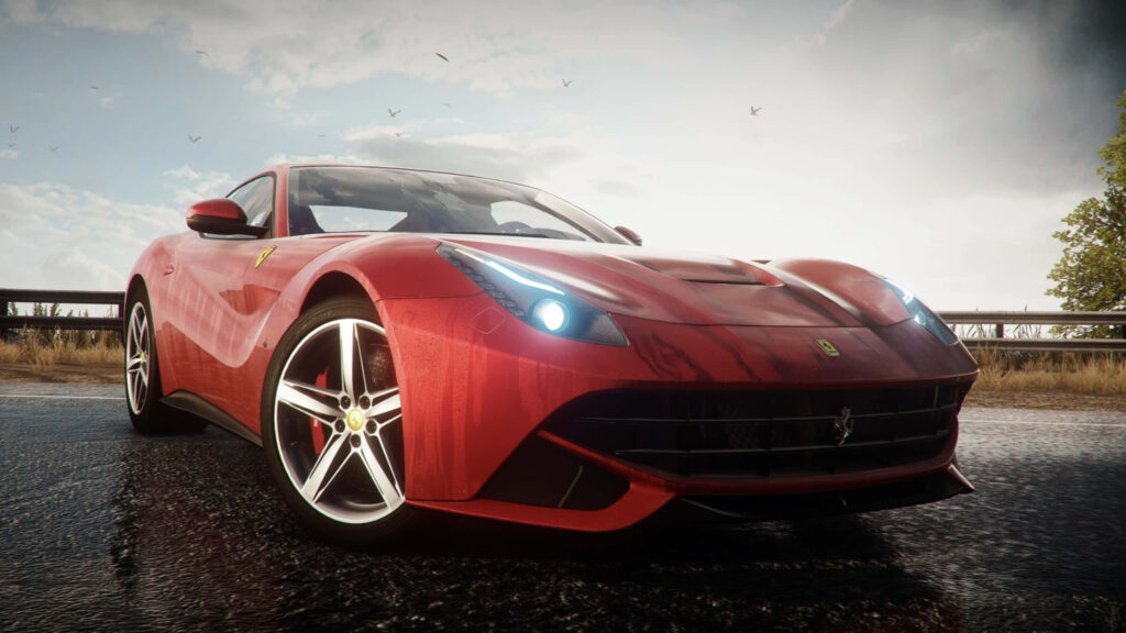 Unleashing Supercar Prowess: The Ferrari F12 Berlinetta Roars Ahead on the Open Road Wallpaper