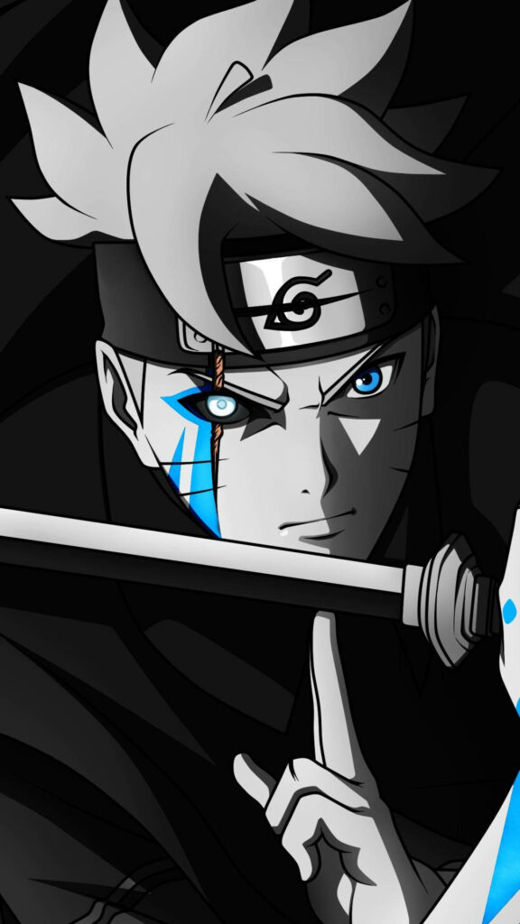 Boruto from Boruto: Naruto Next Generations with blue eyes and sword in black and white image Wallpaper