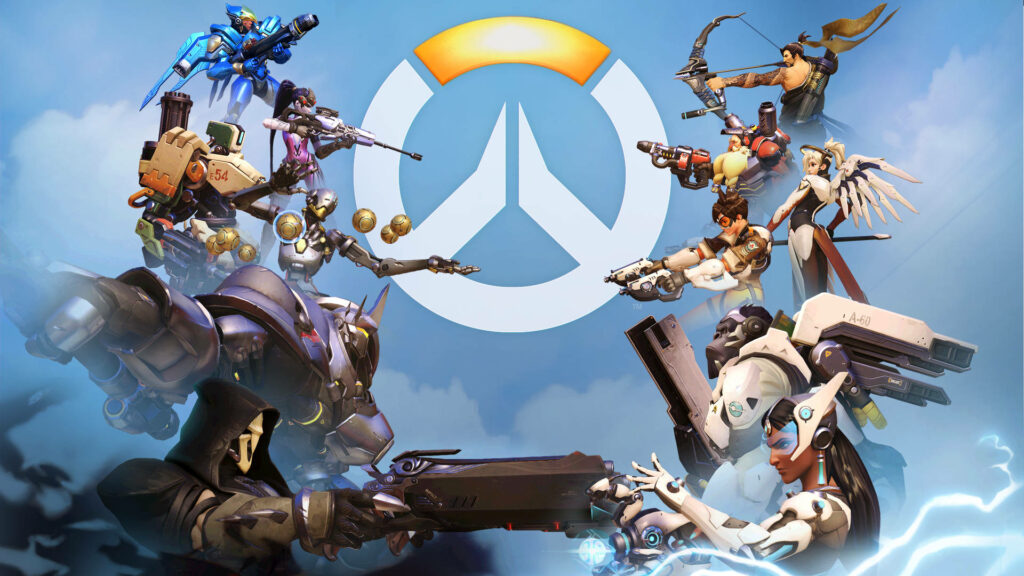 Powerful Heroes of Overwatch Unleashing their Signature Arsenal in Logo-themed Background Wallpaper
