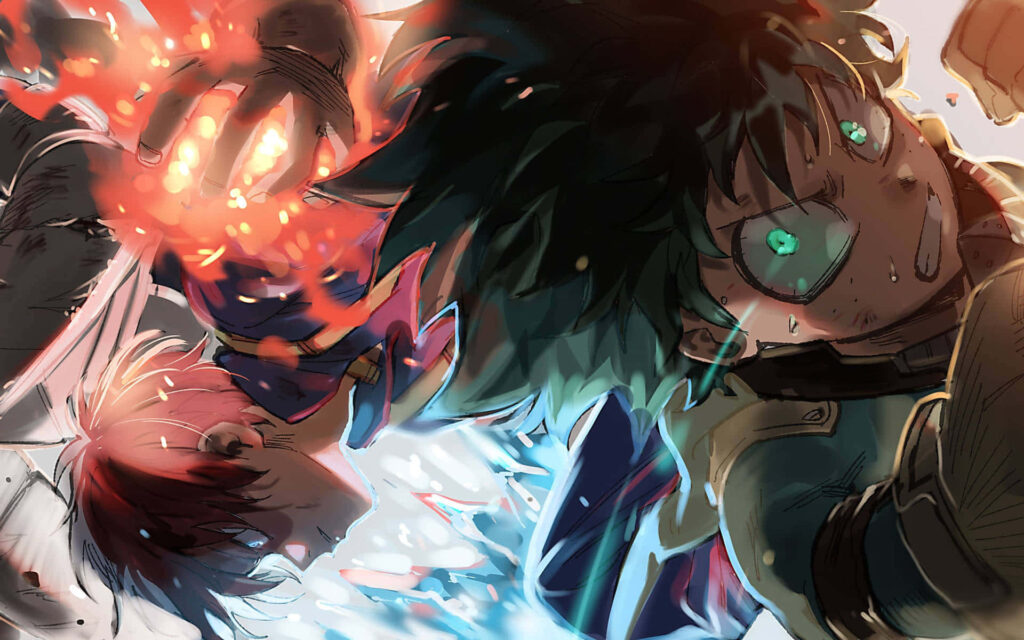 Fierce Fusion: An Epic Deku and Todoroki Wallpaper Joining Forces Against the Enemy