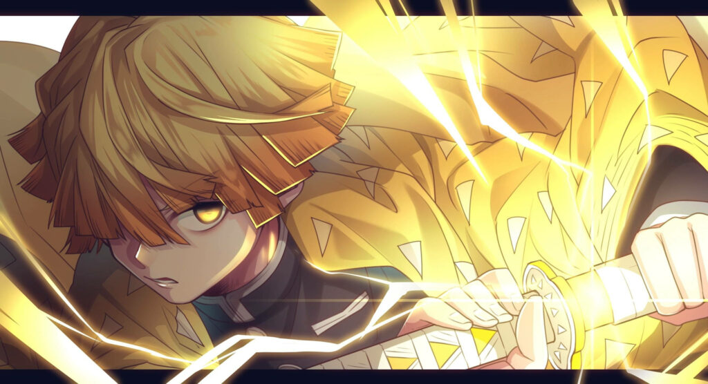 Sword Unleashed: Zenitsu Agatsuma's Reflective Moment in Demon Slayer Zenitsu Background Wallpaper