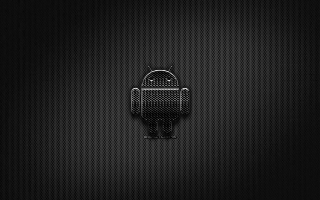 Sleek Android logo wallpaper dark metallic mesh robot silhouette on industrial grid background