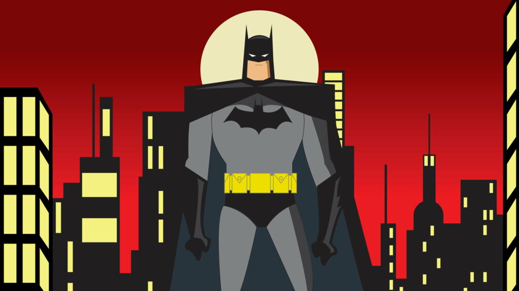 Minimalist Batman vector wallpaper with red Gotham skyline and glowing Bat-Signal background