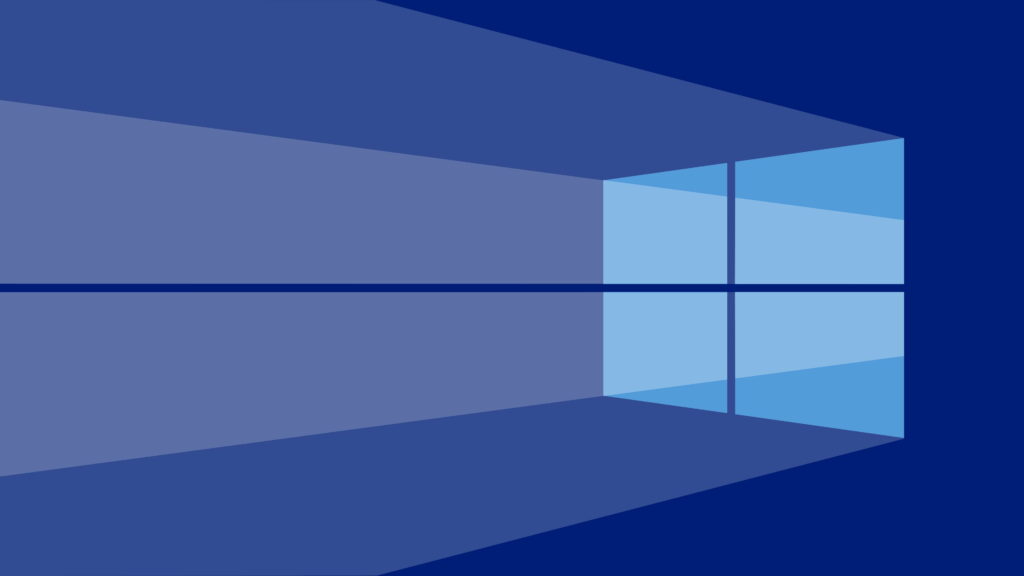 Windows 10 Hero wallpaper bright four-pane window glowing light rays deep blue tech background