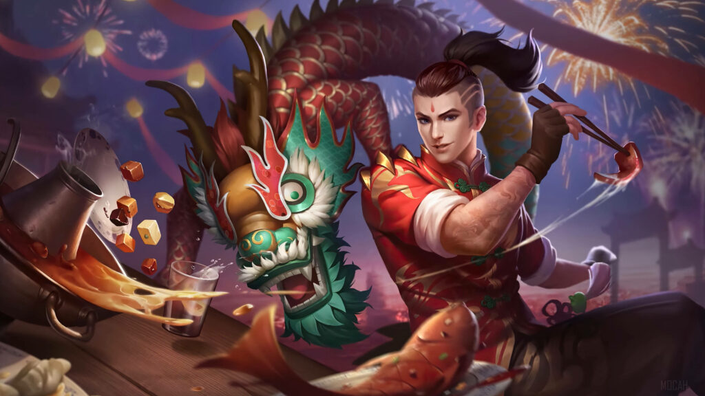 Mobile Legends Chou Dragon Boy skin wallpaper with green dragon and Lunar New Year fireworks background