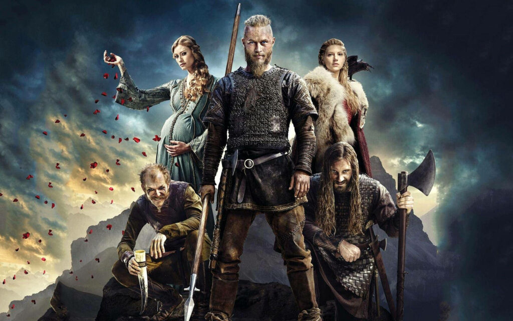 Vikings Characters Strike Dramatic Poses in Stunning Poster Wallpaper featuring Floki, Ragnar, Aslaug, Lagertha, and Rollo in the Background!
