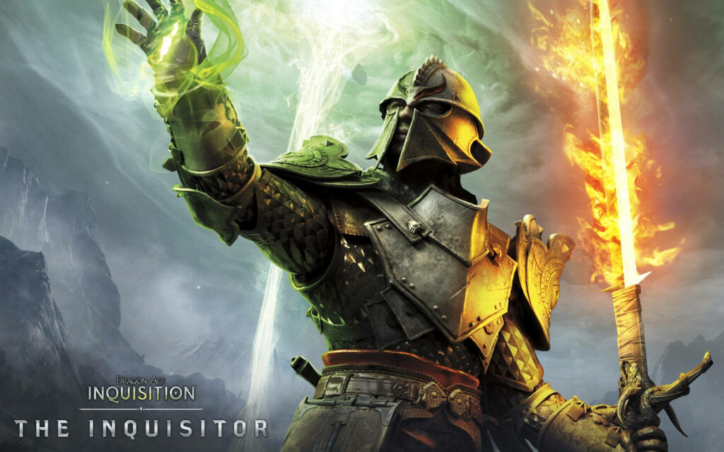 Dragon Age: Inquisition Wallpaper - The Inquisitor in Spellbinding Armor and Magic Sword Embellished with Epic Fantasy Atmosphere