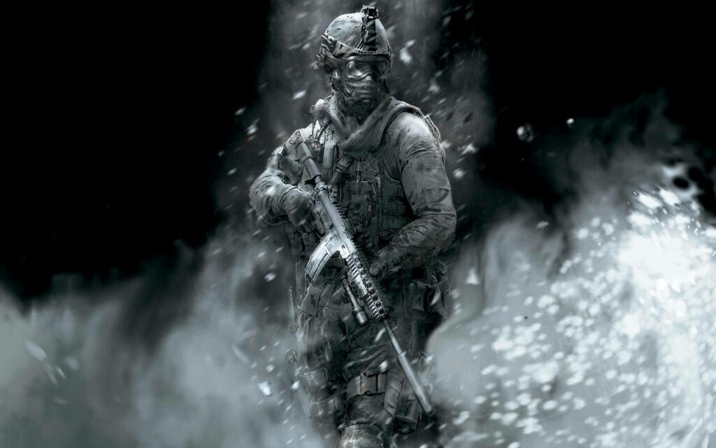 Intense Warfare: Gritty Poster showcasing a Fully Equipped Soldier amidst Smoky Darkness - Call Of Duty Modern Warfare Wallpaper