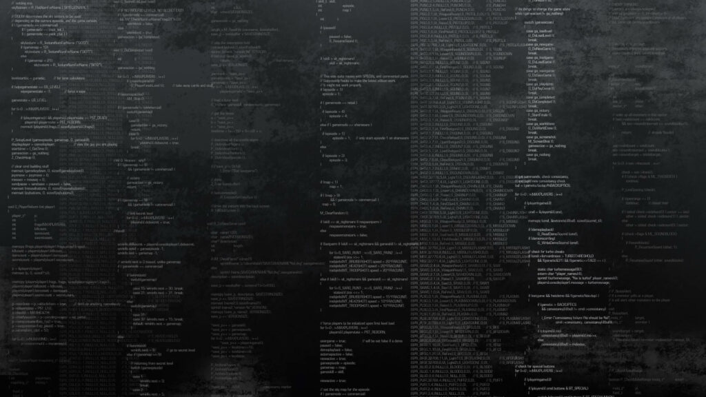 Dark cybernetic Matrix-style wallpaper with cascading code on textured black background