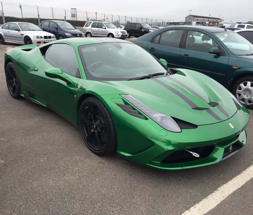Green Ferrari 458 in a Parking lot Background Wallpaper