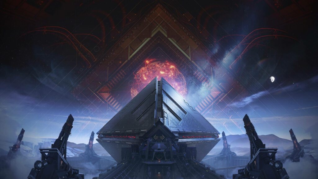 Unleashing the AI Power: Eerie 4k Background Image Showing AI Rasputin Emerging from the Dark Triangular Structure in Destiny Game Wallpaper