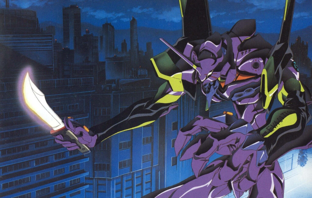 Magenta Powerhouse: Eva-01 poised for battle in striking Mech Suit from Neon Genesis Evangelion Wallpaper