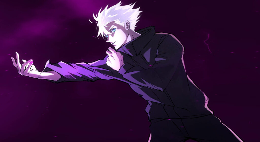 Unleashing the Power: Gojou Satoru, The Fierce Curse Sorcerer Radiating Purple Energy - Epic Anime Live Background Wallpaper