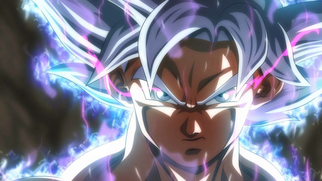 Goku's Divine Transformation: 4k Ultra HD Close-up of White-Haired Super Saiyan with Surging Aura Wallpaper
