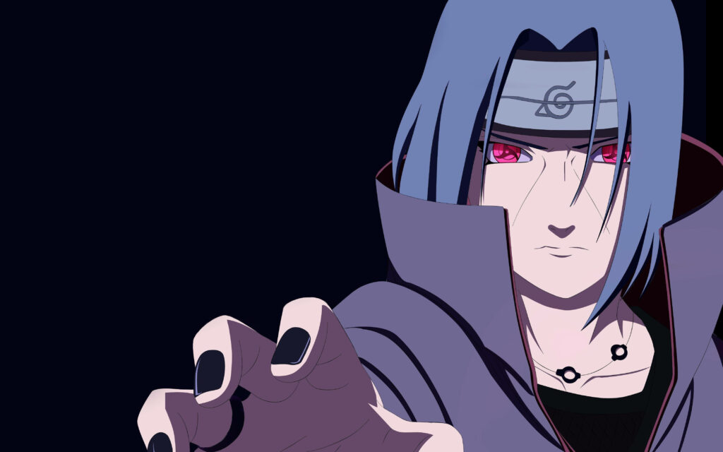 The Enigmatic Itachi Uchiha Reveals His Sinister Power Through His Piercing Sharingan in an Eerie Background Wallpaper