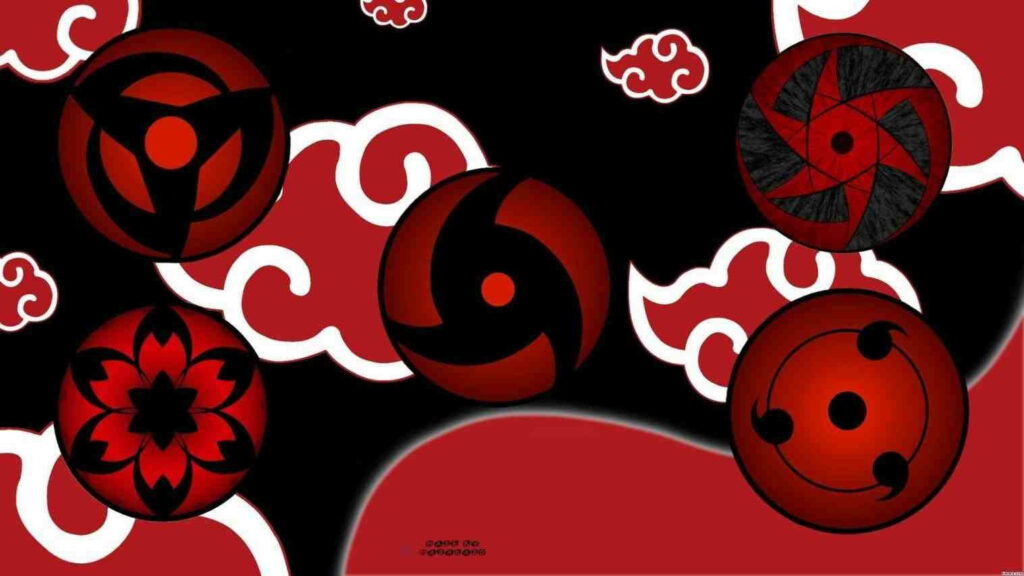 Mystical Sharingan: Itachi's Transcendent Eye against the Akatsuki Emblem Wallpaper