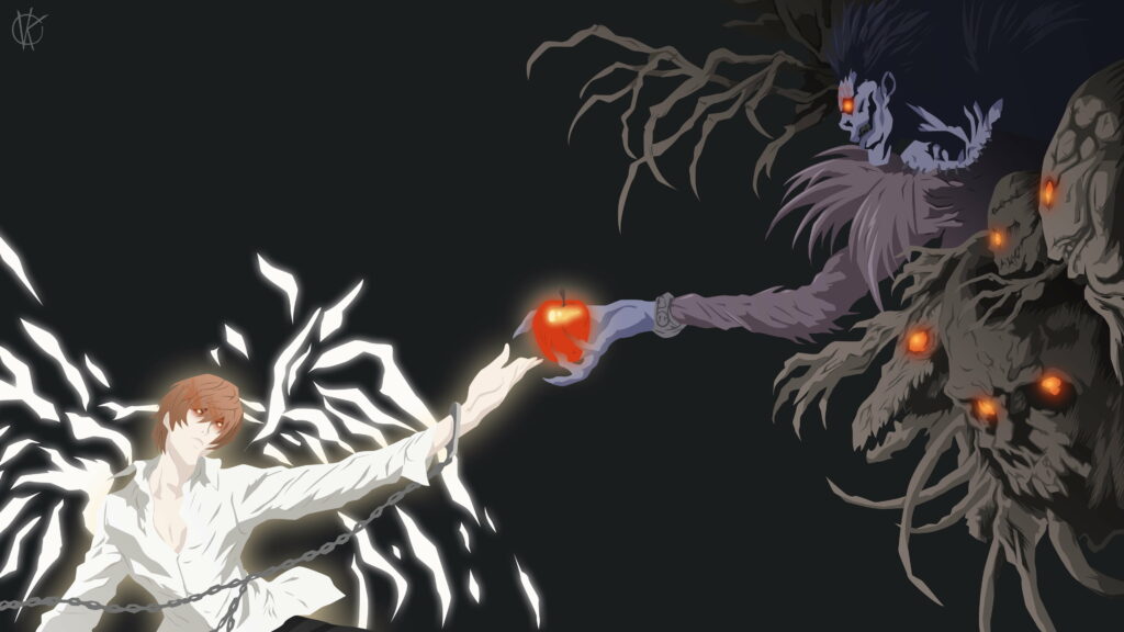 Death Note anime wallpaper Ryuk with red apple offering to Light Yagami dark fantasy art