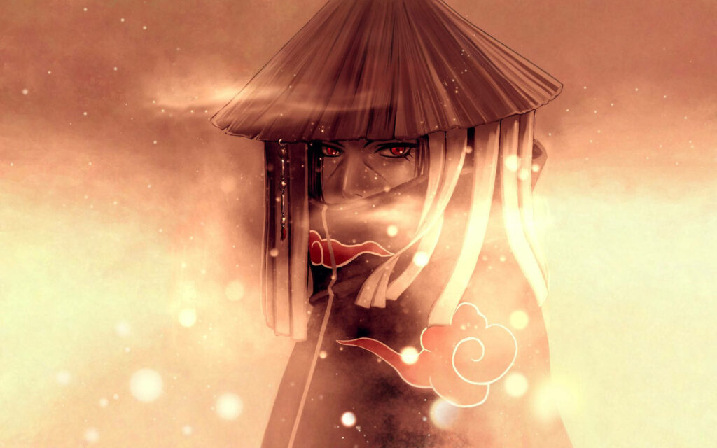 Mysterious Itachi: Embracing the Shadows with Akatsuki's Signature Cloak and Sharingan Eyes Wallpaper