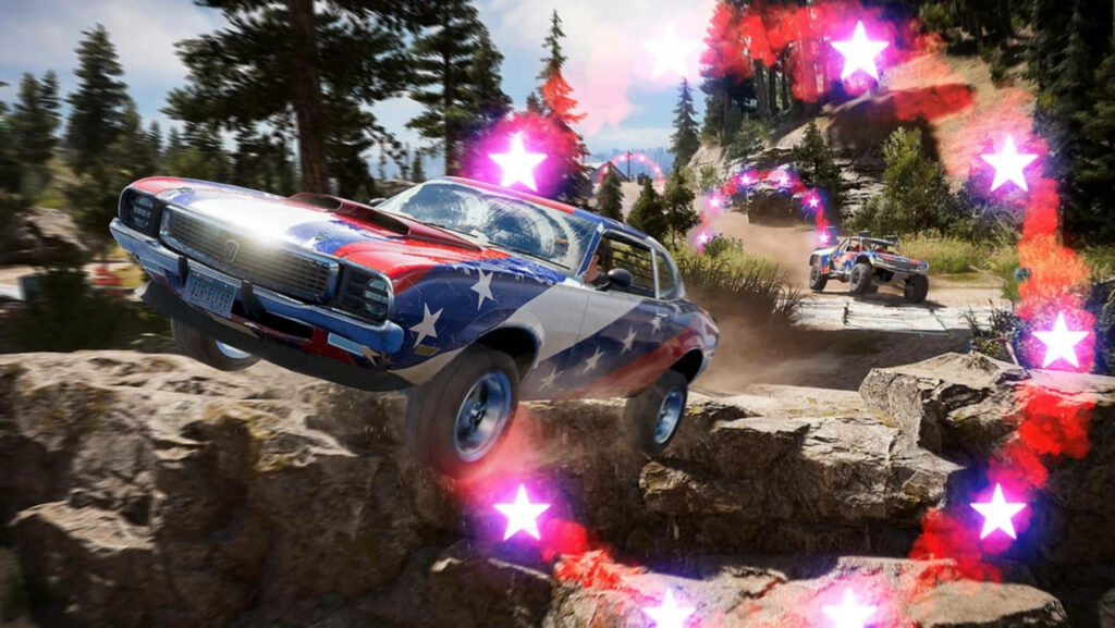 Adrenaline-Packed Clutch Nixon Challenge: Kimberlite Zt Muscle Car Soars Off Cliff Amidst Glowing Star Formation Wallpaper
