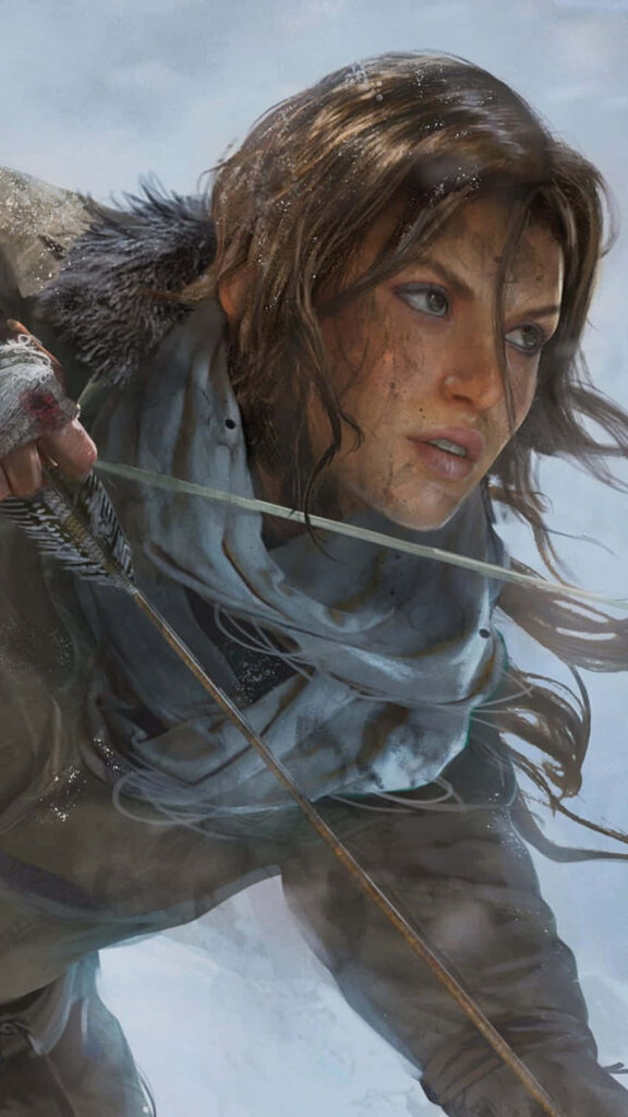 Intense Lara Croft wallpaper with bow in snowy backdrop