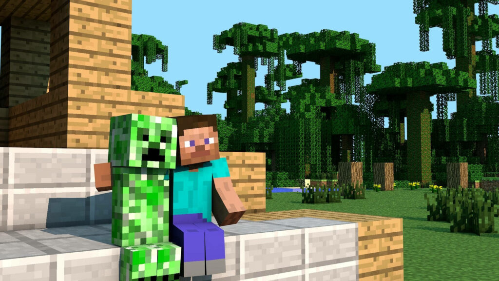 Unlikely Friendship: Steve and Creeper Cherish Moments on Porch - Capturing the Best of Minecraft's Dynamic Duo Wallpaper