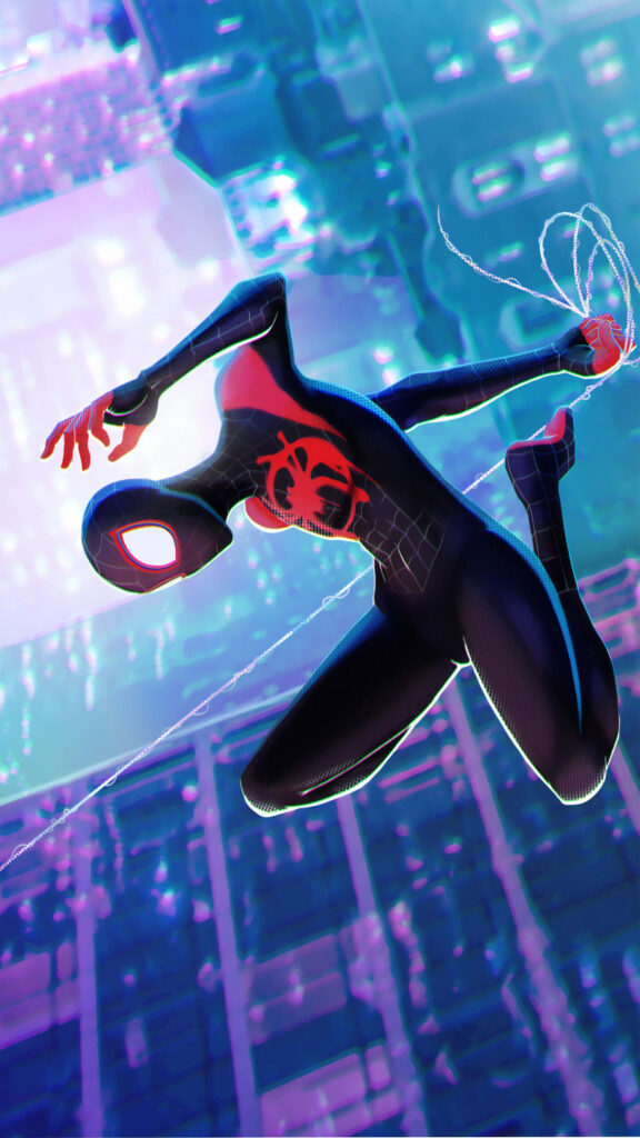 Miles Morales Spider-Man Swinging Through Neon City - Dynamic Agility Pose & Iconic Emblem Wallpaper
