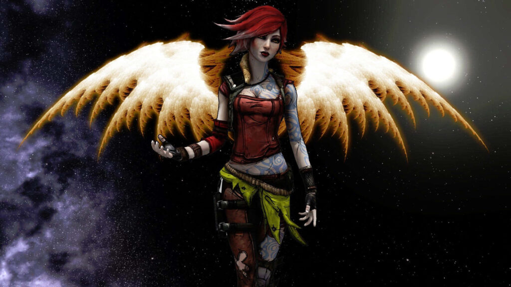 Borderlands 3 wallpaper featuring character with fiery wings in colorful punk-rock style