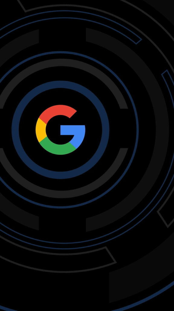 Google Pixel wallpaper with colorful Google G logo on black background and blue concentric circles