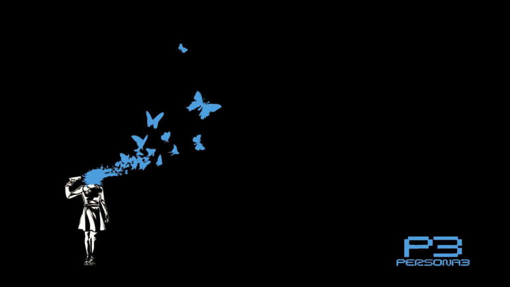 Persona 3 minimalist wallpaper featuring blue butterflies and P3 logo