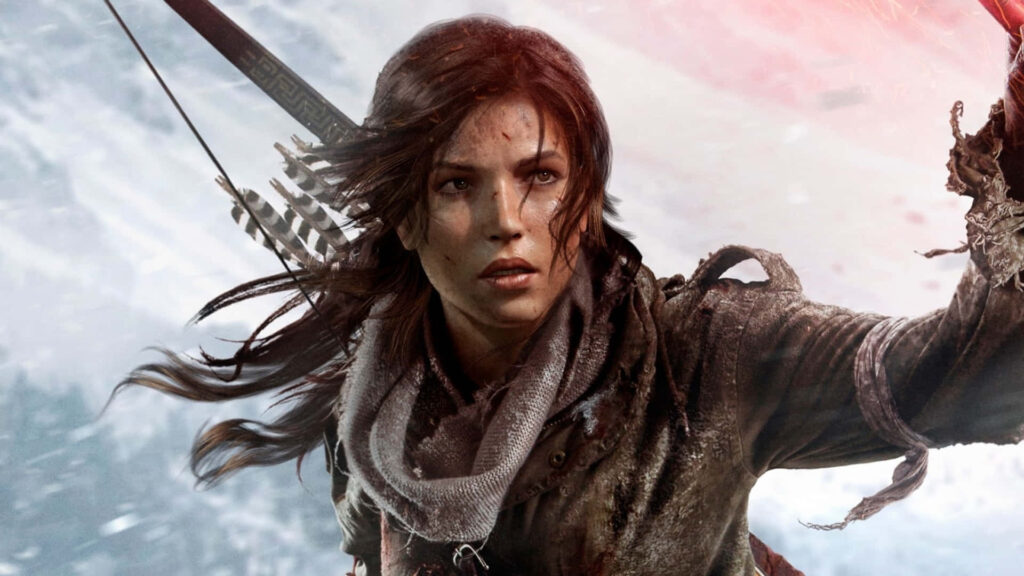 Intense Rise of the Tomb Raider Wallpaper with Lara Croft in Snowy Landscape
