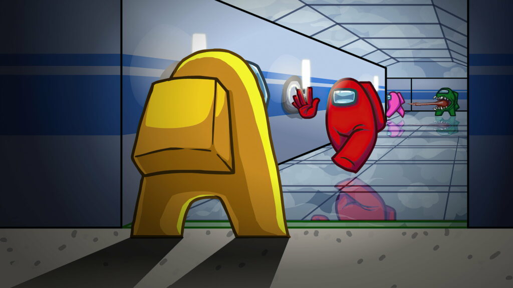 Among Us HD wallpaper showing yellow Crewmate watching red Crewmate flee green Imposter in spaceship
