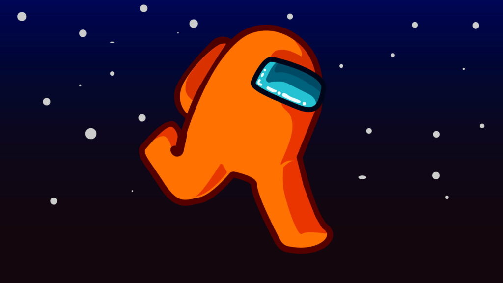 Vibrant orange Among Us crewmate floating in dark starry space minimalist digital wallpaper