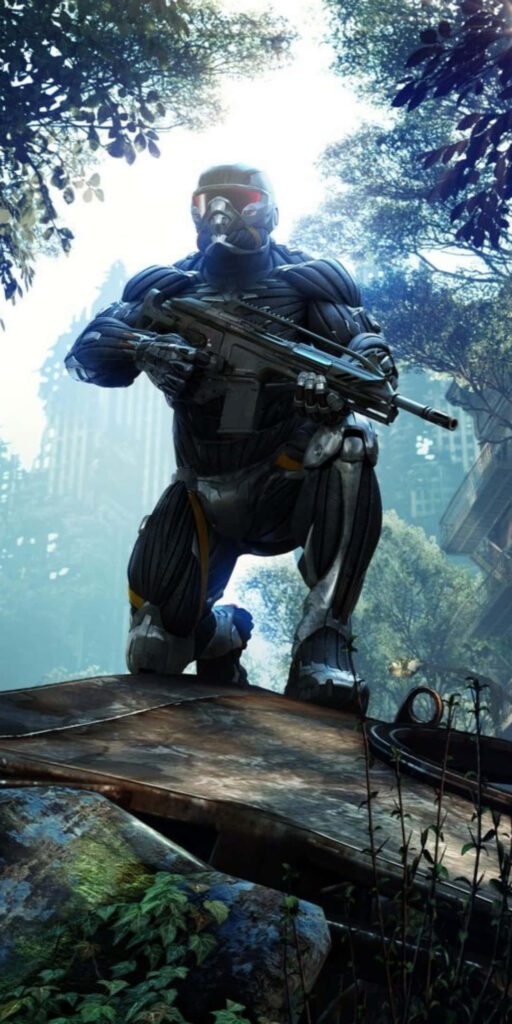 Alcatraz in Nanosuit with high-tech bow in lush urban jungle wallpaper from Crysis 3