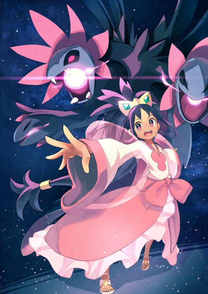 Anime-style Unova Champion Iris with Hydreigon on cosmic starry blue background wallpaper