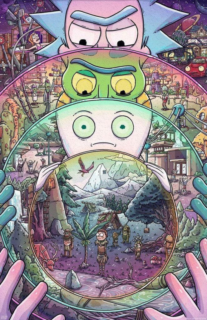 Rick and Morty Venture into a Vibrant Multiverse: Seeking Thrills in the Unknown Wallpaper