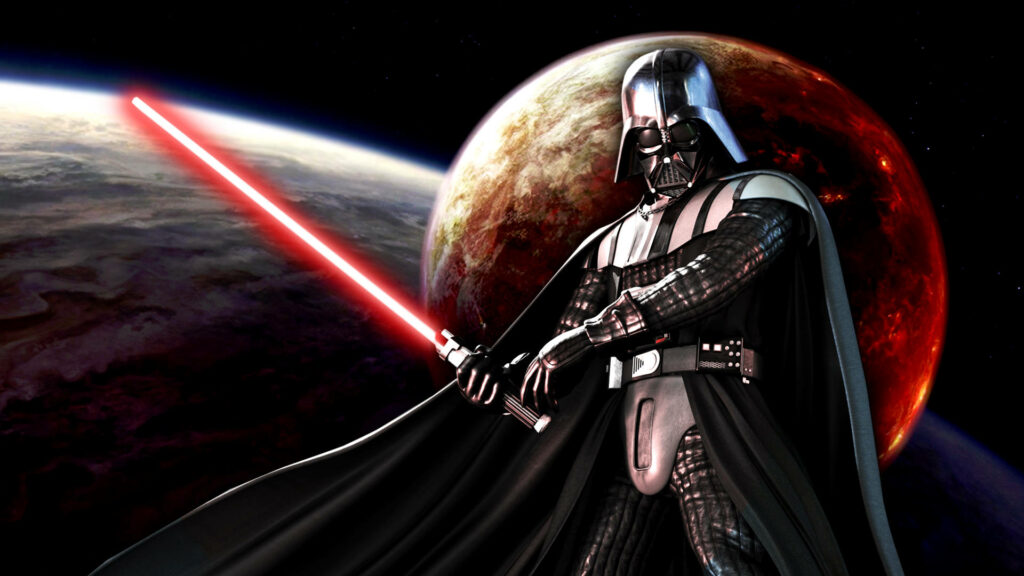 Darth Vader with red lightsaber in space galaxy scene - background image Wallpaper